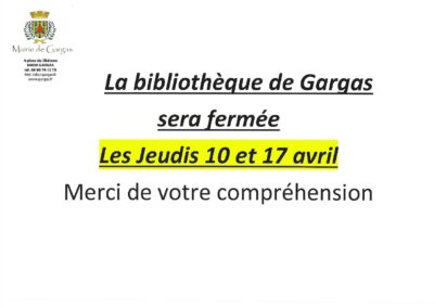 Fermeture Bibliothèque 10 et 17 avril
