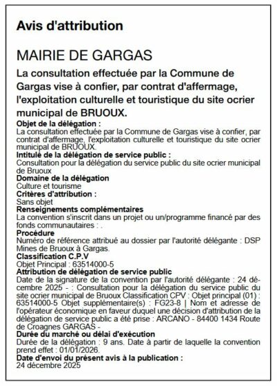 Avis d’attribution délégation de service public