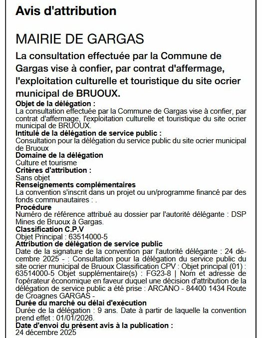 Avis d&rsquo;attribution délégation de service public