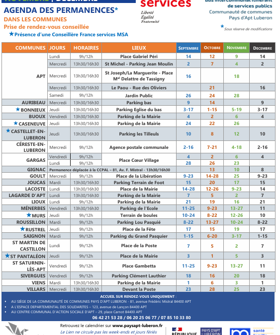 Planning de septembre à décembre bus Le Lien